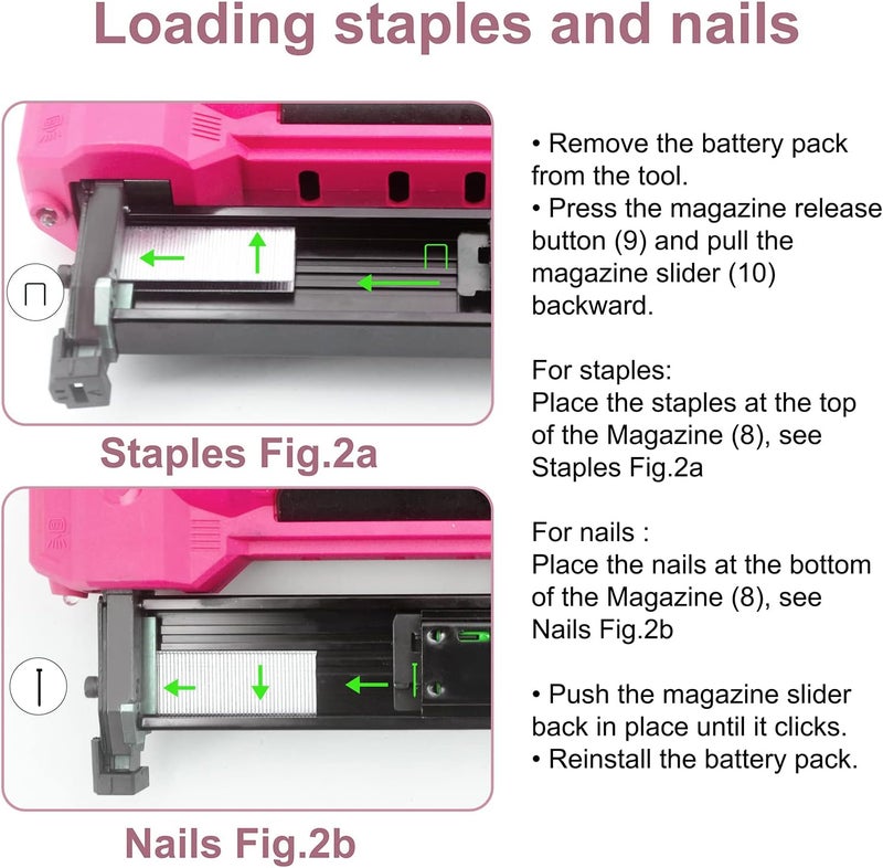 BHTOP 20V Cordless Brad Nailer＆Stapler, 18 Gauge 2 in 1 Stapler Kit, Heavy Finish Nail Gun with 2.0A Rechargeable Battery, Charger, 2500 Brad Nails and 500 Staples in Pink - Image 3